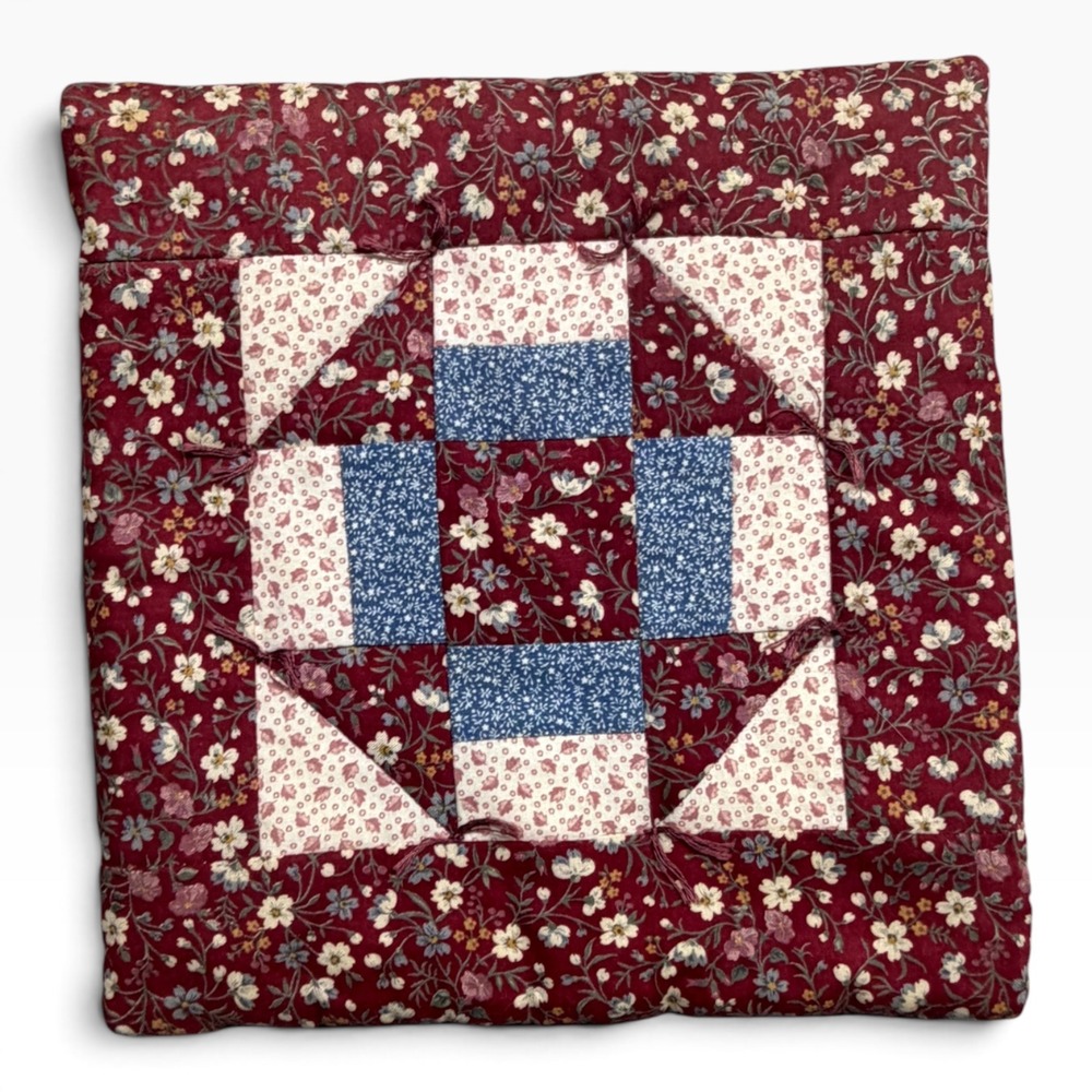 Vintage Style Patchwork Quilted Decorative Pillow Burgundy Floral Calico 9x9